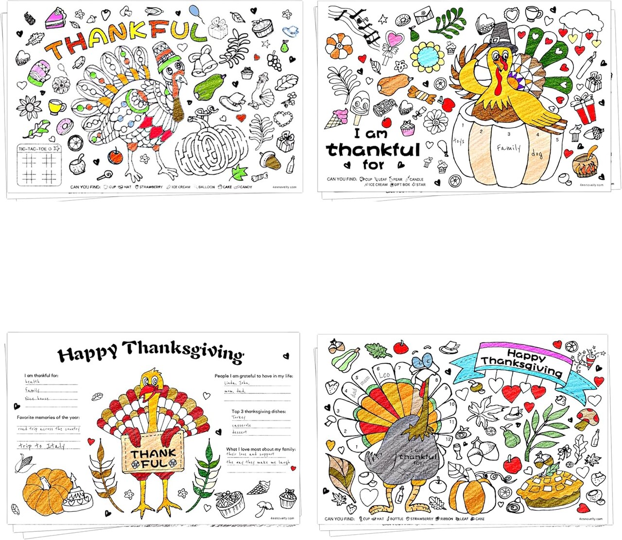 4E's Novelty Thanksgiving Coloring Placemats for Kids & Adults, 12 Pack Paper Disposable Placemats, 11x17 Fall Crafts, Thankful Activity Sheets for Family Dinner, Classroom & Party Supplies